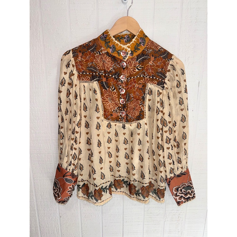 Farm Rio Ainika Floral Blouse Womens Beige Brown Embroidered Cotton M
